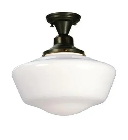 Schoolhouse Glass is a term used for ceiling mounted opal glass fixtures that are commonly used in schools and other public buildings. With the invention of the electric lamp; these bright opal glass shades used as pendants and ceiling fixtures; are economical; decorative and always in style. This Schoolhouse Shade is paired with semi flush hardware; hand finished in Craftsman Brown
