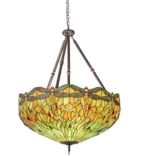 This huge 38W version of Tiffany Studio's most beloved stained glass dragonfly design, is modeled after the original design from 1902. Diving dragonflies with Ruby jewel eyes & delicate metal filigree wings circle over hand cut and copper foiled pieces of Pond Green and Orange art glass and glistening jewels of Amber, Emerald and Ruby that represent sunset reflections on rippling water. The inverted pendant hardware is finished in a warm hand applied Mahogany Bronze. " Collection: Tiffany Hanginghead Dragonfly Finish: Mahogany Bronze Glass: Stained Glass Width: 38.00" Height: 56.25" Length: 38.00" Weight: 46.00 lb Number of Bulbs: 5 Maximum Wattage: 60.00 W Bulb Type: A19 Bulb Base: E26 Material: Steel Country of Origin: CHINA Safety Listing: Damp Safety Rating: Damp - alternate view