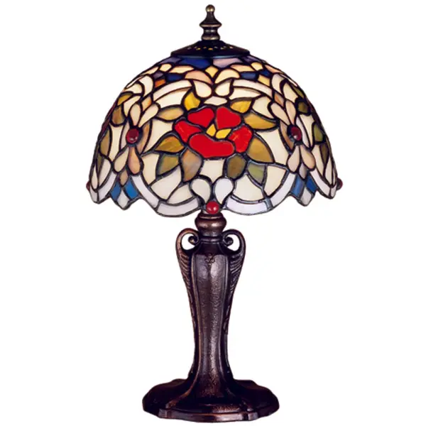 A single Cabernet Red rose; framed in Sunset Green leaves and Ivory scrolls; sits on Lavender and Plum Bronze lace. This beautiful Tiffany style stained glass shade; with coordinating mini lamp base in a Mahogany Bronze finish; will add Old World elegance to your home.
