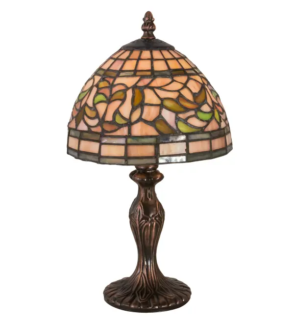 Subtle toned Autumn Gold; Russet and Moss Green leaves swirl against an Amber Mauve background in this stained glass Tiffany Studio reproduction. This elegant mini lamp; with Mahogany Bronze finished base; will complement any decor.