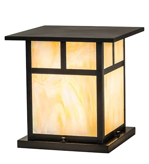 The T Mission has Arts and Crafts style T bars that accents this handsome American Craftsman lantern style pier mount. The fixture handcrafted in the USA by Meyda artisans; has a Craftsman Brown finish and has Beige iridized art glass panels. - alternate view
