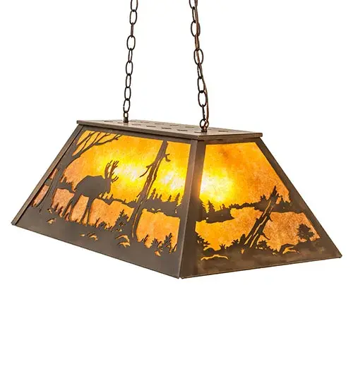 The legendary Moose wanders by a woodland lake in the beautiful afternoon sun. This nature inspired oblong pendant features Amber Mica Panels and is enhanced with an Antique Copper finish. Ideal for illuminating kitchen islands and tables, counters, bars and billiard tables. The overall height ranges from 18 to 43 inches as the chain length can be easily adjusted in the field. Handcrafted in our 180,000 square foot manufacturing facility in Yorkville, New York, located at the foothills of the Adirondack Mountains. Additional wildlife and custom designs available, as well as custom shade colors, finishes and sizes. UL and cUL listed for damp and dry locations. Collection: Moose At Lake Finish: Antique Copper Glass: Amber Mica Width: 17.00" Height: 18.00" Length: 33.00" Weight: 13.50 lb Number of Bulbs: 6 Maximum Wattage: 60.00 W Bulb Type: A19 Bulb Base: E26 Material: Steel Country of Origin: USA Safety Rating: Damp - alternate view