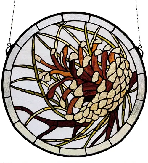 This handsome round Pine Cone window is an original Meyda Tiffany's design. Handcrafted utilizing the copperfoil construction process and 235 pieces of Rootbeer granite Sky Blue; Grass Green; and Clear textured stained art glass encased in a solid brass frame; each window is a unique creation. Mounting bracket and jack chain included.