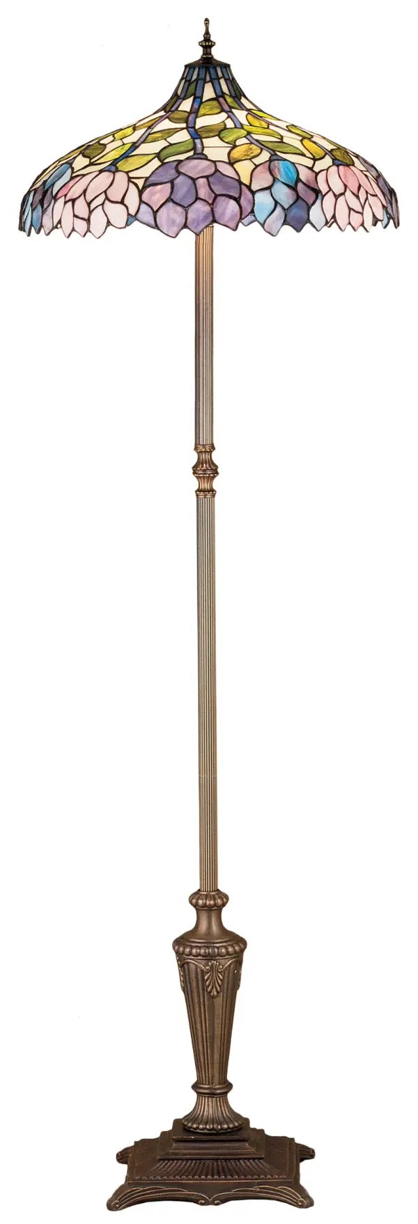 Stylized wisteria flower clusters of China Pink; Grape and Amethyst Blue with Jade Green leaves drape over this Ivory toned graceful copper foil floor lamp shade. The classic styling of this Tiffany style stained glass fixture and soft pastel colors will add charm to any room.