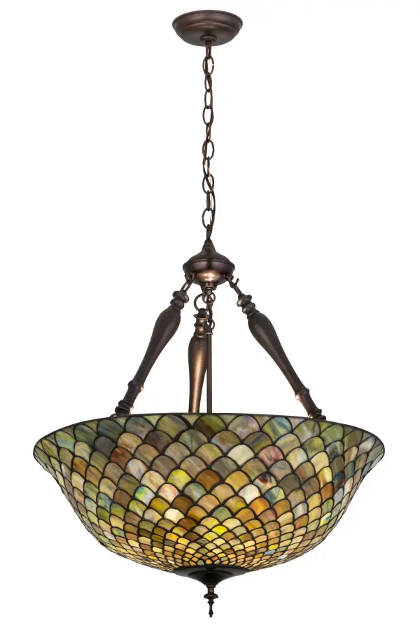 A Louis Comfort Tiffany studio classic fishscale pattern reproduced in variegated glass of Honey dripped Emerald; Sapphire; and Garnet. This handsome stained glass shade is used with Mahogany Bronze hand finished hardware. A versatile inverted pendant to complement any color or style.