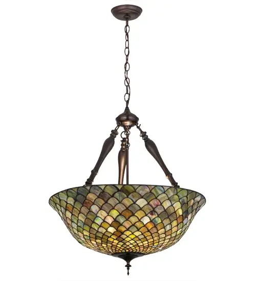 A Louis Comfort Tiffany studio classic fishscale pattern reproduced in variegated glass of Honey dripped Emerald; Sapphire; and Garnet. This handsome stained glass shade is used with Mahogany Bronze hand finished hardware. A versatile inverted pendant to complement any color or style. - alternate view