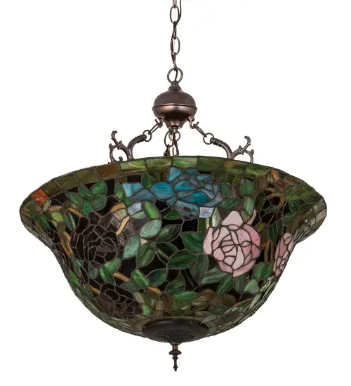 The most beloved of all flowers, the rose, is beautifully represented in this Meyda reproduction of a Tiffany Studio classic. Petal Pink, Romantic Red and Plum Passion art glass roses ramble on a maze of Garden Green leaves. The delicate domed stained glass shade is paired with a graceful, hand finished Mahogany Bronze inverted pendant fixture. Collection: Tiffany Rosebush Finish: Mahogany Bronze Glass: Stained Glass Width: 24.00" Height: 26.50" Length: 24.00" Weight: 12.50 lb Number of Bulbs: 3 Maximum Wattage: 60.00 W Bulb Type: A19 Bulb Base: E26 Material: Metal Country of Origin: CHINA Safety Listing: Damp Safety Rating: Damp - alternate view