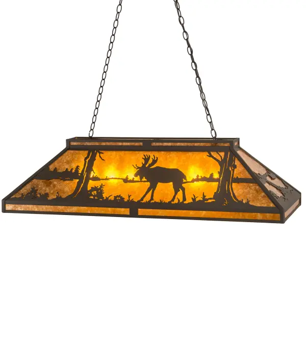 A majestic Moose meanders along the shore of a mountain lake while the early morning summer sun rises, creating an image that is perfect for a picture postcard or a great work of art. This oblong pendant features a stunning elegant Amber Mica shade, which is complemented with decorative accents, frame and hardware featured in a Wrought Iron finish. The fixture is perfect for illuminating kitchen islands, dinettes, islands, billiard tables, counters and bars. This pendant is custom crafted by Meyda artisans at the foothills of the spectacular Adirondack Mountains in Upstate New York. Custom sizes, styles and colors are available, as well as dimmable, energy efficient lamping options. The fixture is UL and cUL listed for dry and damp locations. Collection: Moose At Lake Finish: Wrought Iron Glass: Amber Mica Width: 18.00" Height: 20.00" Length: 48.00" Weight: 25.00 lb Extension from Wall: 18.50" Number of Bulbs: 7 Maximum Wattage: 60.00 W Bulb Type: A19 Bulb Base: E26 Material: Steel Country of Origin: USA Safety Listing: Damp Safety Rating: Damp