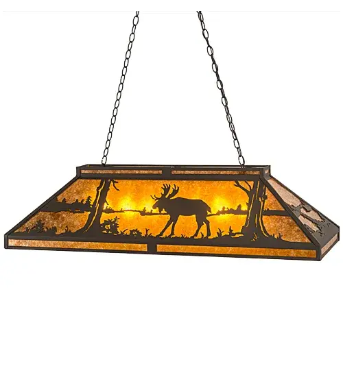 A majestic Moose meanders along the shore of a mountain lake while the early morning summer sun rises, creating an image that is perfect for a picture postcard or a great work of art. This oblong pendant features a stunning elegant Amber Mica shade, which is complemented with decorative accents, frame and hardware featured in a Wrought Iron finish. The fixture is perfect for illuminating kitchen islands, dinettes, islands, billiard tables, counters and bars. This pendant is custom crafted by Meyda artisans at the foothills of the spectacular Adirondack Mountains in Upstate New York. Custom sizes, styles and colors are available, as well as dimmable, energy efficient lamping options. The fixture is UL and cUL listed for dry and damp locations. Collection: Moose At Lake Finish: Wrought Iron Glass: Amber Mica Width: 18.00" Height: 20.00" Length: 48.00" Weight: 25.00 lb Extension from Wall: 18.50" Number of Bulbs: 7 Maximum Wattage: 60.00 W Bulb Type: A19 Bulb Base: E26 Material: Steel Country of Origin: USA Safety Listing: Damp Safety Rating: Damp - alternate view