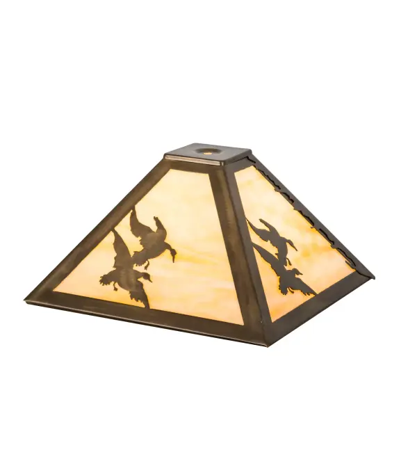With a swoosh climbing sunward comes a flock of Ducks soaring in flight and stretching out above the marsh reeds, against the sun-split sky and up towards the heavens. This stunning Beige Art Glass shade is complemented with decorative accents, hardware, and frame featured in an Antique Copper finish. The Ducks in Flight Shade is featured in our American-made, American-designed, handcrafted Wildlife Lighting Collection. This fixture is manufactured in Yorkville, New York. Collection: Ducks In Flight Finish: Antique Copper Glass: Ba Width: 16.00" Height: 6.50" Length: 12.00" Weight: 3.50 lb Number of Bulbs: 6 Bulb Base: Medium Material: Steel Country of Origin: USA Safety Listing: Dry Safety Rating: Dry