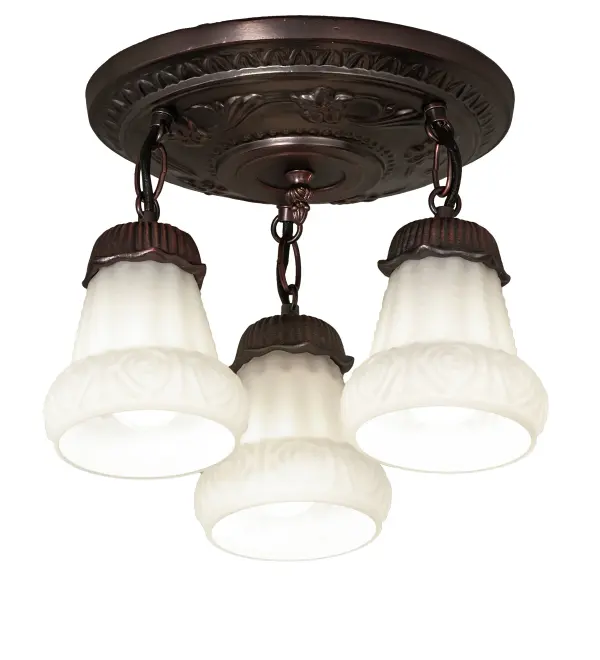 Reminiscent of antique lighting that graced homes of yesteryear; the White Puffy Rose three light semi-flush evokes a warm nostalgic feeling of enduring quality and beauty. Intricate ornamentation; detailed in Mahogany Bronze; compliment rose adorned White Satin glass shades.
