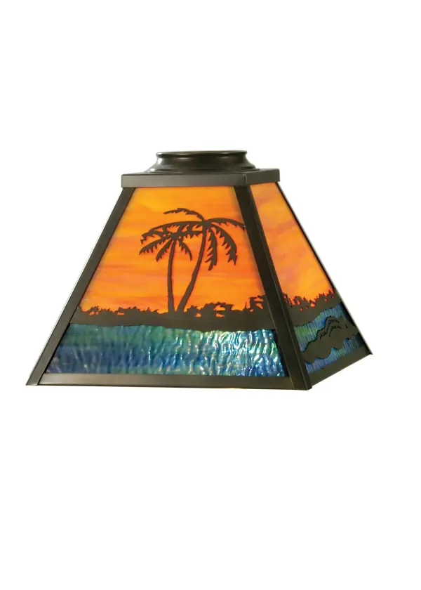 A fierce Alligator slithers along the Palm Tree-lined lake while the sun rises in this wildlife scenario. Beautiful ambient light shines through an Orange and Blue/Green shade while the Alligator design is featured in a Green finish. The shade can be paired with a base to create a lamp or matched with hardware to build a ceiling fixture that can be used for illuminating hallways and other residential; hospitality; and commercial spaces throughout the US; including Hilton Head; South Carolina; and the Everglades in Florida. The Alligator Shade is included in our American-made; American-designed; handcrafted Wildlife Lighting Collection. This fixture is manufactured in Yorkville; New York.