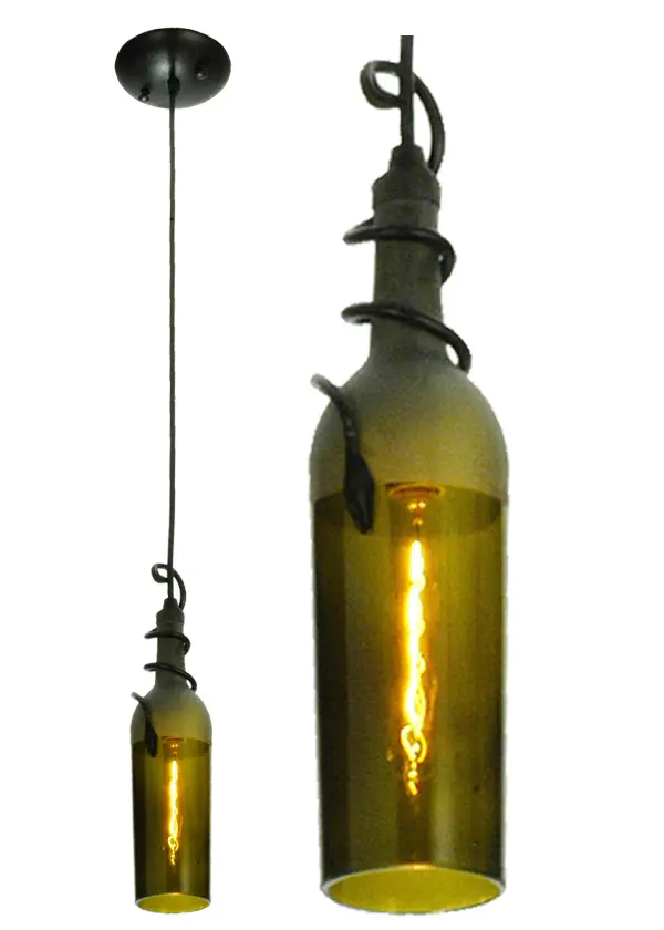 A hand forged vine and leaf coil around the neck of this handsome Weathered Leaf Green wine bottle that has been softly etched for diffusion. Your connoisseur will appreciate the detail and vintage of this charming accent mini pendant.