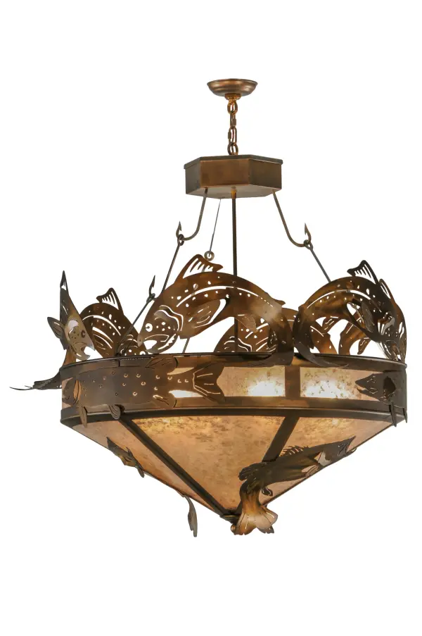 Anglers will delightfully cast their lines for these prized Largemouth Bass; Pike; and Rainbow Trout; which are leaping out of the lake over this stunning Silver Mica shade. The inverted shade is complemented with Antique Copper hand-finished decorative accents and fishhook chains. The overall height ranges from 45 to 115 inches; as the chain length can be easily adjusted on location to accommodate your specific lighting application needs. The Catch of the Day Inverted Pendant is included in our American-made; American-designed; handcrafted Wildlife Collection and manufactured in Yorkville; New York. UL & cUL listed for dry and damp locations. Upstate New York's adventurous playland; known as the Adirondack Mountains; with its many breathtaking forests; lakes; and rivers; is the spiritual birthplace of Meyda and inspires our rustic-themed mica collections.