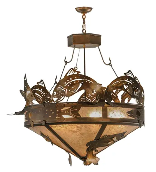 Anglers will delightfully cast their lines for these prized Largemouth Bass; Pike; and Rainbow Trout; which are leaping out of the lake over this stunning Silver Mica shade. The inverted shade is complemented with Antique Copper hand-finished decorative accents and fishhook chains. The overall height ranges from 45 to 115 inches; as the chain length can be easily adjusted on location to accommodate your specific lighting application needs. The Catch of the Day Inverted Pendant is included in our American-made; American-designed; handcrafted Wildlife Collection and manufactured in Yorkville; New York. UL & cUL listed for dry and damp locations. Upstate New York's adventurous playland; known as the Adirondack Mountains; with its many breathtaking forests; lakes; and rivers; is the spiritual birthplace of Meyda and inspires our rustic-themed mica collections. - alternate view