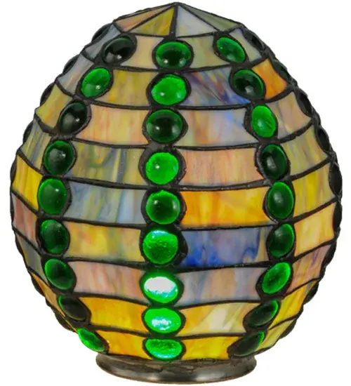 Bedazzling and luxurious definite this exquisite shade. Emerald colored glass jewels line this brilliant shade on a background of Earthy Blues; Greens and Amber art glass. The shade is created using the famous Meyda Tiffany copperfoil construction. Pair with a base to create a table or floor lamp; or build a ceiling or wall fixture with handsome hardware.The Jeweled Beehive Shade is included in our American designed; handcrafted Stained Glass Lighting Collection. No two art glass shades will be the same as their individuality can be as remarkably unique as their personality.