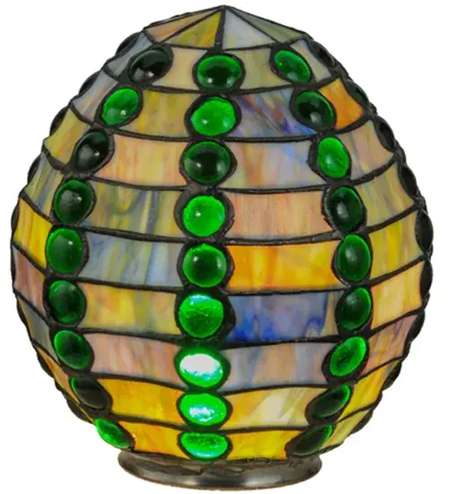 Bedazzling and luxurious definite this exquisite shade. Emerald colored glass jewels line this brilliant shade on a background of Earthy Blues; Greens and Amber art glass. The shade is created using the famous Meyda Tiffany copperfoil construction. Pair with a base to create a table or floor lamp; or build a ceiling or wall fixture with handsome hardware.The Jeweled Beehive Shade is included in our American designed; handcrafted Stained Glass Lighting Collection. No two art glass shades will be the same as their individuality can be as remarkably unique as their personality. - alternate view