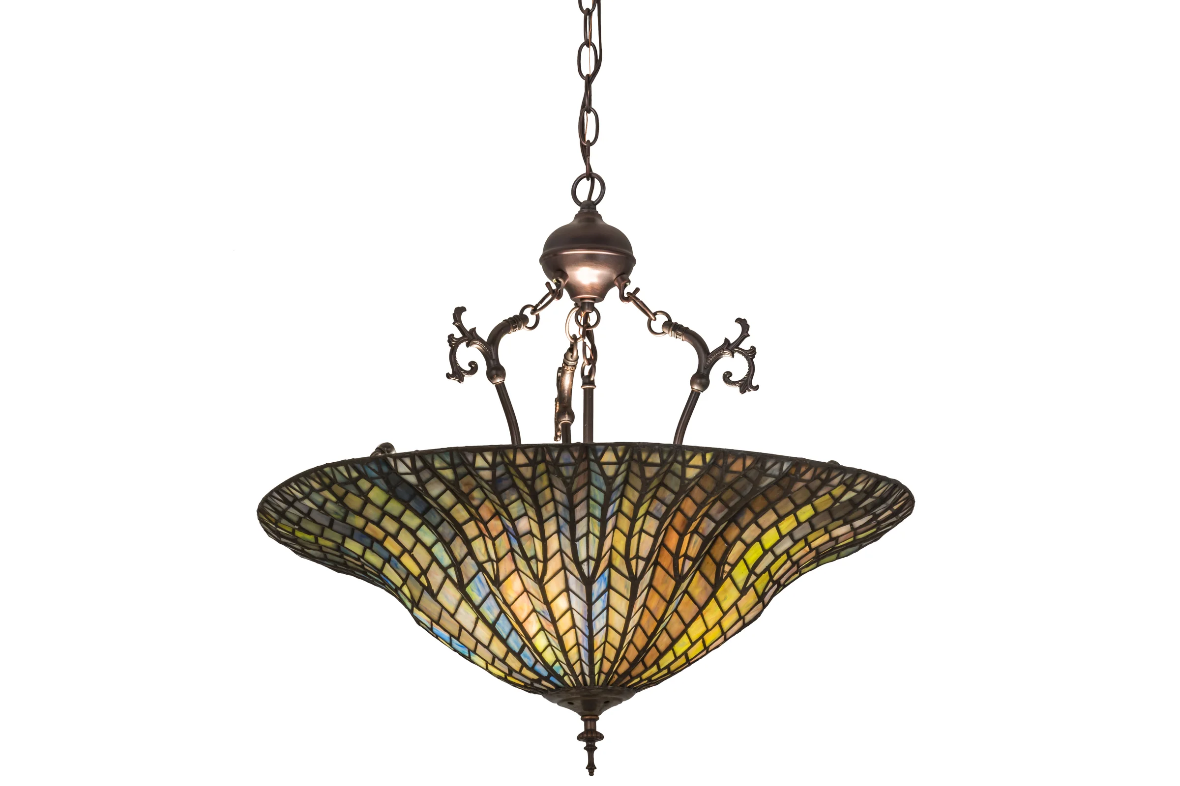 Tiffany Lotus Leaf Three Light Inverted Pendant in Mahogany Bronze