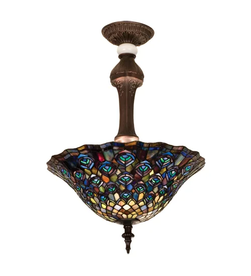 Tiffany Peacock Feather Three Light Semi-Flushmount in Mahogany Bronze