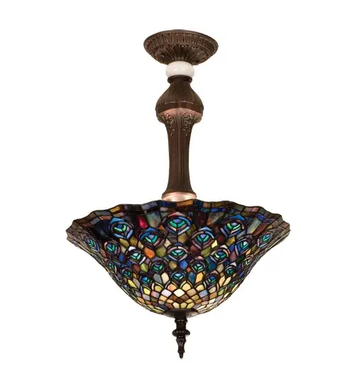 As distinctive as a beautiful Peacock's feathers; no two shades will ever be the same as their individuality can be as remarkably unique as their personality. This artistic creation utilizes swirling opalescent art glass background combinations including Beige Amber; Yellow Pinks; Red Purples; Golden Blues and Greens; Ivories; Bluish Whites; Turquoise Blues; Periwinkle; Olive and Spring Greens; Pale Yellow; Amethyst; Emerald and Topaz. The eye of the plumage design reveals Purples; Pastel Blues; Teals; Cobalt and Ivories. Individual pieces of glass are hand cut and wrapped using Meyda Tiffany's famous copperfoil construction. Each shade is a unique work of art with color variations based on natural ingredients inherent in the glass. Mahogany Bronze finish.