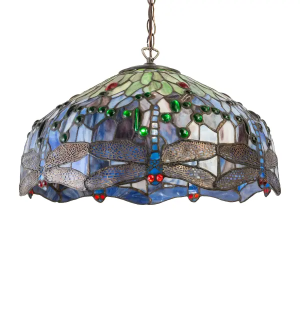 This beloved lighting design is modeled after the original hanging head dragonfly from Tiffany Studios. Diving Blue Dragonflies with glowing jeweled eyes and delicate metal filigree wings circle over hand-cut and copperfoiled pieces of Lakeside Blue and Pond Green glass representing rippling water. This lovely shade is created using the famous Meyda Tiffany copperfoil construction and is enhanced with an Antique Brass finish. The overall height ranges from 16 to 39 inches, as the chain can be easily adjusted in the field to meet your exact lighting requirements. The Tiffany Hanginghead Dragonfly Pendant is included in our American-designed, handcrafted Tiffany Reproduction Collection. It is UL and cUL listed for dry and damp locations. Each shade is a unique work of art with color variations based on natural ingredients inherent in the glass. Collection: Tiffany Hanginghead Dragonfly Finish: Antique Brass Glass: Stained Glass Width: 20.00" Height: 16.00" Length: 20.00" Weight: 11.50 lb Number of Bulbs: 1 Maximum Wattage: 100.00 W Bulb Type: A19 Bulb Base: E26 Material: Steel Country of Origin: CHINA Safety Listing: Damp Safety Rating: Damp