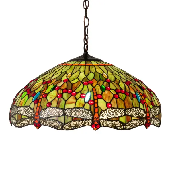 Inspired by one of Tiffany Studio's classic Dragonfly lighting masterpiece. Orange dragonflies with glowing Red jeweled eyes and Multi-colored filigree wings diving over a Green and Orange background. The stunning inverted shade is accented with Red, Green, Blue and Amber glass jewels. The overall height ranges from 16 to 51 inches as the chain length can be easily adjusted in the field to accommodate your specific lighting application needs. The art glass shade is created using the famous Meyda Tiffany copperfoil construction. The ceiling pendant is enhanced with a warm Mahogany Bronze finish. UL and cUL listed for dry and damp locations. Collection: Tiffany Hanginghead Dragonfly Finish: Mahogany Bronze Glass: Stained Glass Width: 22.00" Height: 16.00" Length: 22.00" Weight: 11.50 lb Extension from Wall: 4.00" Number of Bulbs: 3 Maximum Wattage: 60.00 W Bulb Type: A19 Bulb Base: E26 Material: Steel Country of Origin: CHINA Safety Listing: Dry Safety Rating: Damp