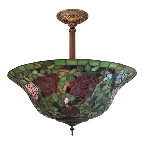 The most beloved of all floral beauties. The Rosebush is beautifully represented in this stunning reproduction of a Tiffany Studio Classic. Petal Pink, Romantic Red and Beautiful Blue art glass Roses ramble on a maze of Garden Green leaves. The luxurious shade is created using the famous Meyda Tiffany copperfoil construction. The delicate domed stained glass shade is enhanced with Mahogany Bronze finished hardware. UL and cUL listed for dry and damp locations. Collection: Tiffany Rosebush Finish: Mahogany Bronze Glass: Stained Glass Width: 20.00" Height: 25.00" Length: 20.00" Weight: 2.50 lb Number of Bulbs: 3 Maximum Wattage: 60.00 W Bulb Type: A19 Bulb Base: E26 Material: Metal Country of Origin: CHINA Safety Listing: Dry Safety Rating: Damp - alternate view