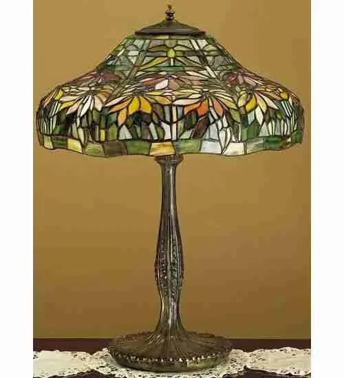Russet Poinsettia flowers against Bay Green leaves and background grace this Tiffany Studio reproduction stained glass shade. The warm neutral tones in this floral arrangement make this table lamp, finished in Mahogany Bronze, a suitable accompaniment for any room and any season. Collection: Poinsettia Finish: Mahogany Bronze Glass: Jp Br Oa 59 Width: 18.00" Height: 25.00" Length: 18.00" Number of Bulbs: 3 Maximum Wattage: 60.00 W Bulb Type: A19 Bulb Base: E26 Material: Zinc Country of Origin: CHINA Safety Rating: Dry