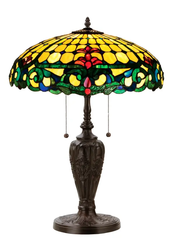Flourishes of Merlot colored stained glass accent the Emerald Green scrolls and Sea Blue accents on warm Ivory in this Duffner & Kimberly reproduction shade. The Tiffany style handcrafted shade is seated on a hand finished lamp base in a Mahogany Bronze.