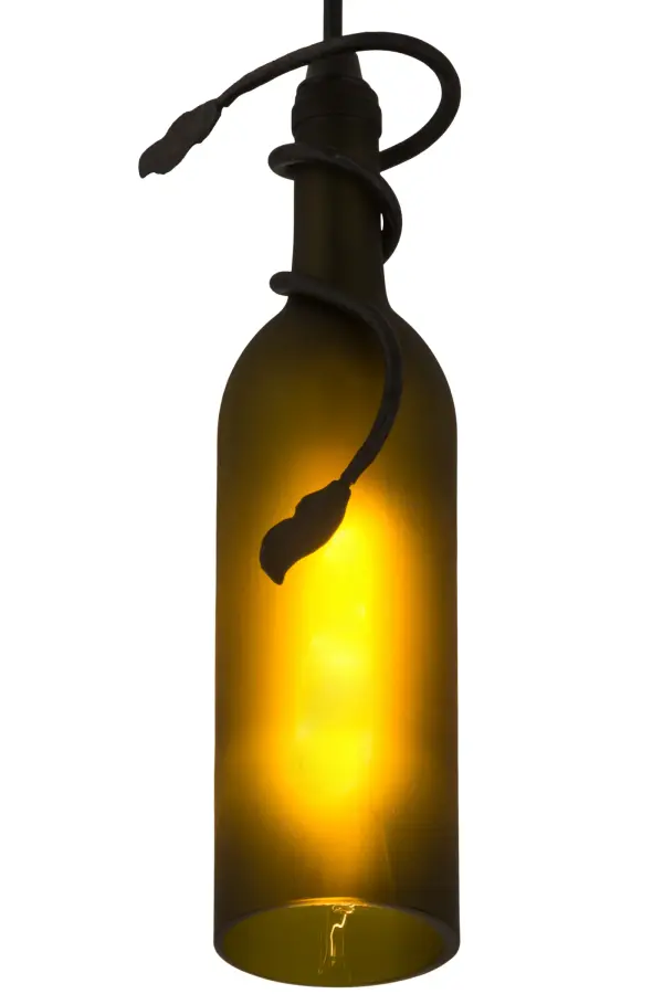A hand forged vine and leaf coil around the neck of this handsome Weathered Leaf Green wine bottle that has been softly etched for diffusion. Your connoisseur will appreciate the detail and vintage of this charming accent mini pendant.