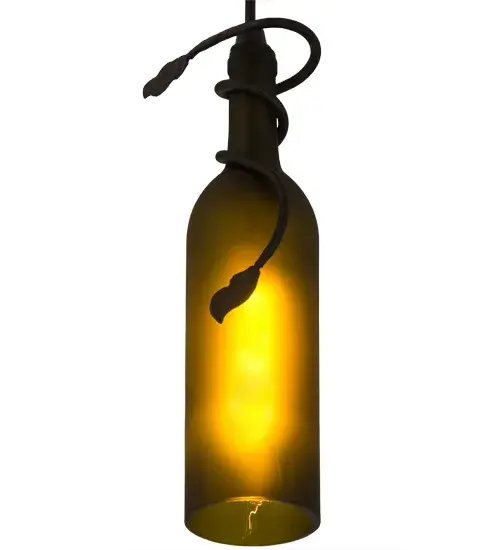 A hand forged vine and leaf coil around the neck of this handsome Weathered Leaf Green wine bottle that has been softly etched for diffusion. Your connoisseur will appreciate the detail and vintage of this charming accent mini pendant. - alternate view