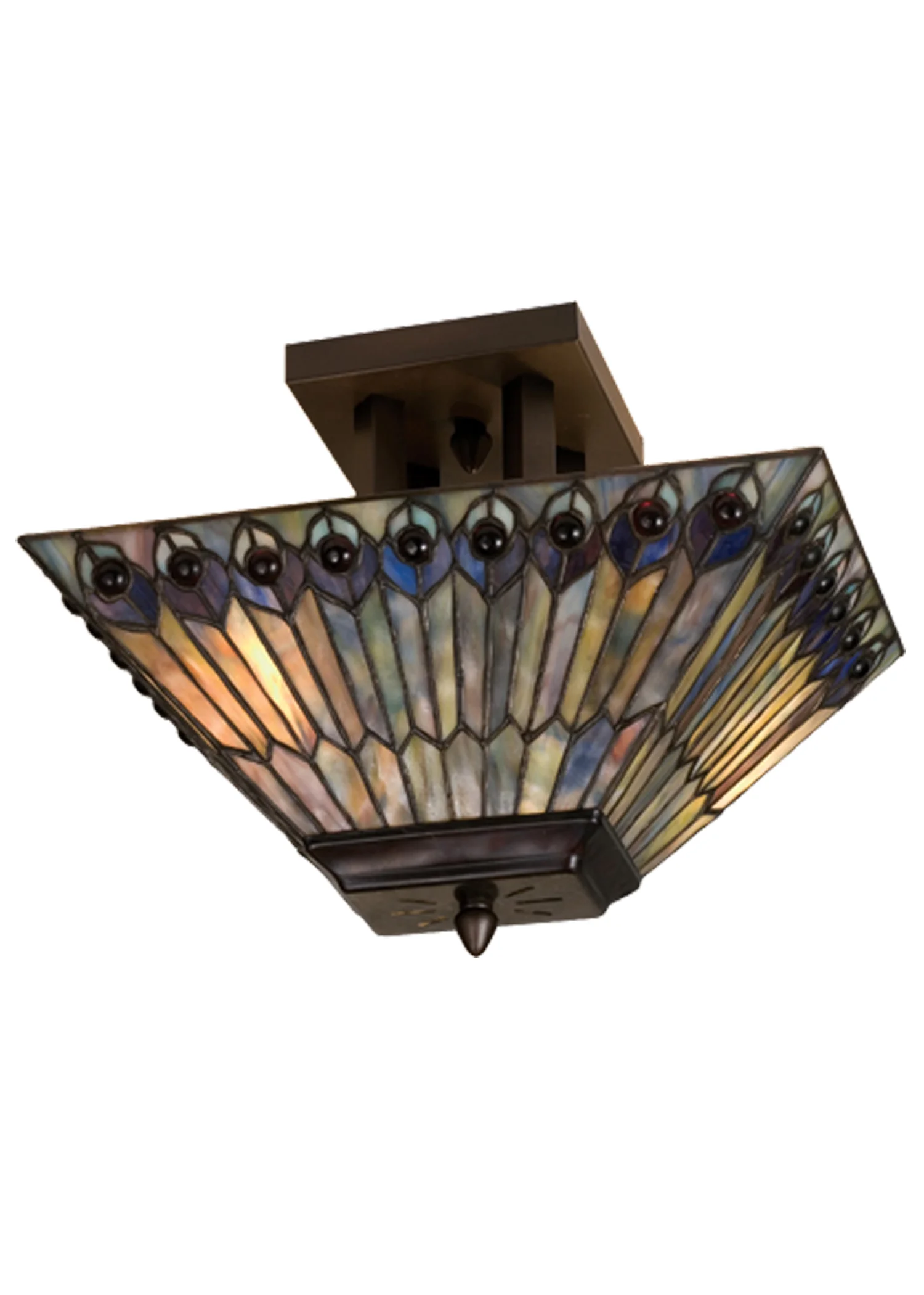 Tiffany Jeweled Peacock Two Light Flushmount in Mahogany Bronze