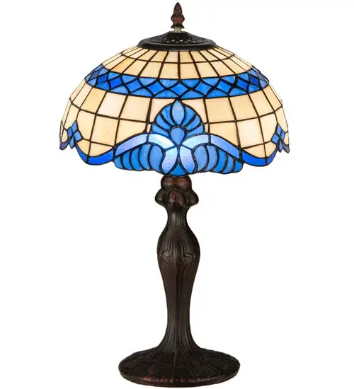 Regal scrolls of Royal Blue with coordinating diamonds; adorn this handsome Tiffany style; stained glass shade. The dome shade is paired with a coordinating accent lamp base; hand finished in Mahogany Bronze. - alternate view