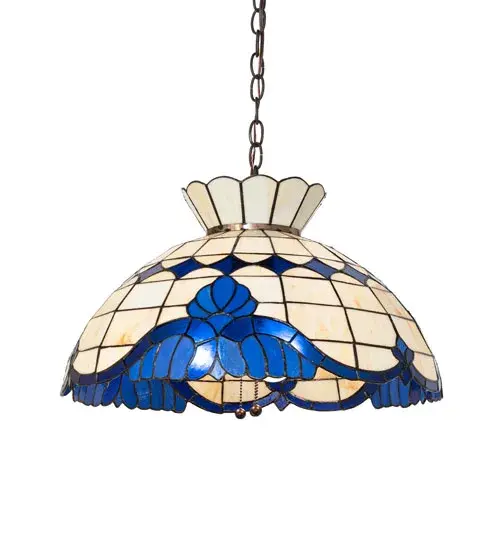 Regal scrolls of Royal Blue with coordinating diamonds; adorn this handsome Tiffany style; stained glass shade. The crowned dome shade is suspended from chain and canopy; hand finished in Mahogany Bronze. - alternate view