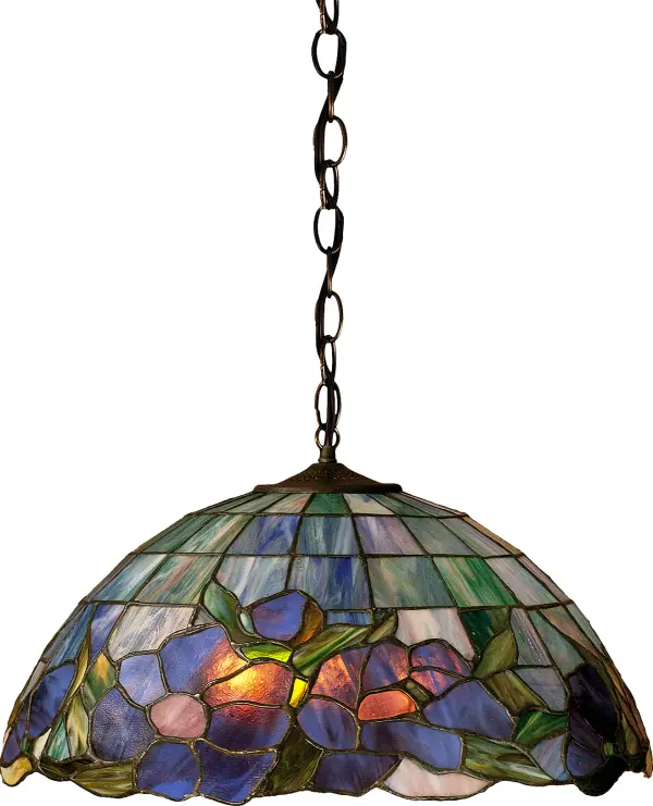 The unique color variations of stained art glass are the perfect complement to popular nature themes of copperfoil shades. A virtual flower garden of glass; in Pink; Purple; and Mauve; is featured on a grid patterned shade which is offered on Mahogany Bronze finished pendant hardware.