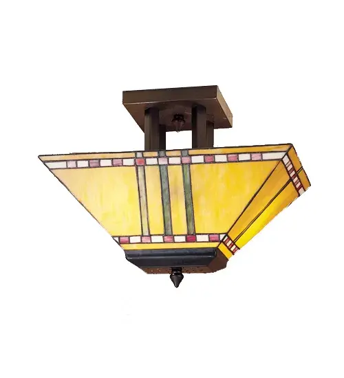 With their love of geometric forms; architects of the Prairie School interpret organic objects into simplified lines. The Meyda Tiffany Prairie Corn flushmount shade has rows of Chili Red and Wheat kernels and stalks of Bronzed Jade against a Maize Gold background. The stained glass shade is paired with simple Mission style hardware in a Mahogany Bronze finish.