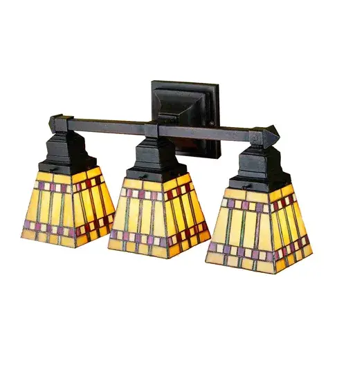 With their love of geometric forms; architects of the Prairie School interpret organic objects into simplified lines. The Meyda Tiffany Prairie Corn three light vanity shade has rows of Chili Red and Wheat kernels and stalks of Bronzed Jade against a Maize Gold background. The stained glass shades are paired with simple Mission style hardware in a Mahogany Bronze finish.