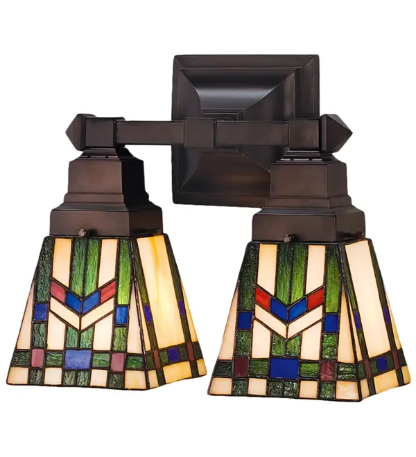 In the tradition of the Prairie School; organic objects were interpreted into geometric forms. In this two light wall sconce Meyda Tiffany uses colorful interlocking blocks of Willow Green; Chili Red and Azure Blue to form stylized wheat stalks on a Beige Cream background. The handcrafted stained glass shades are suspended from a Mahogany Bronze hand finished lamp base.