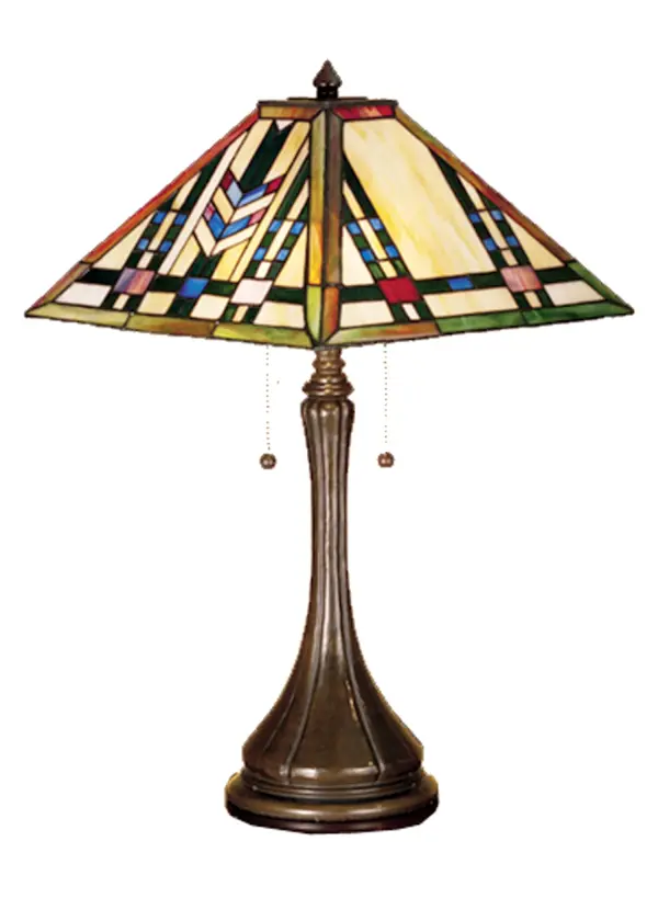 In the Prairie School of design tradition; organic objects were interpreted into geometric forms. In this table lamp; Meyda Tiffany uses colorful interlocking blocks of Willow Green; Chili Red and Azure Blue to form stylized wheat stalks on a Beige Cream background. The handcrafted stained glass shade framed in Bronzed Jade glass rests on a Mahogany Bronze hand finished base.