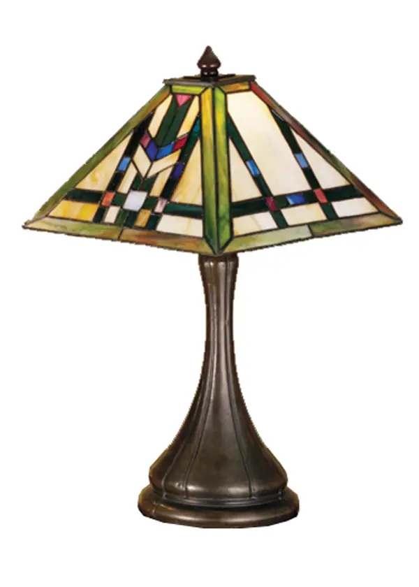 In the tradition of the Prairie School; organic objects were interpreted into geometric forms. In this accent lamp; Meyda Tiffany uses colorful interlocking blocks of Willow Green; Chili Red and Azure Blue to form stylized wheat stalks on a Beige Cream background. The handcrafted stained glass shade framed in Bronzed Jade glass rests on a Mahogany Bronze hand finished base.