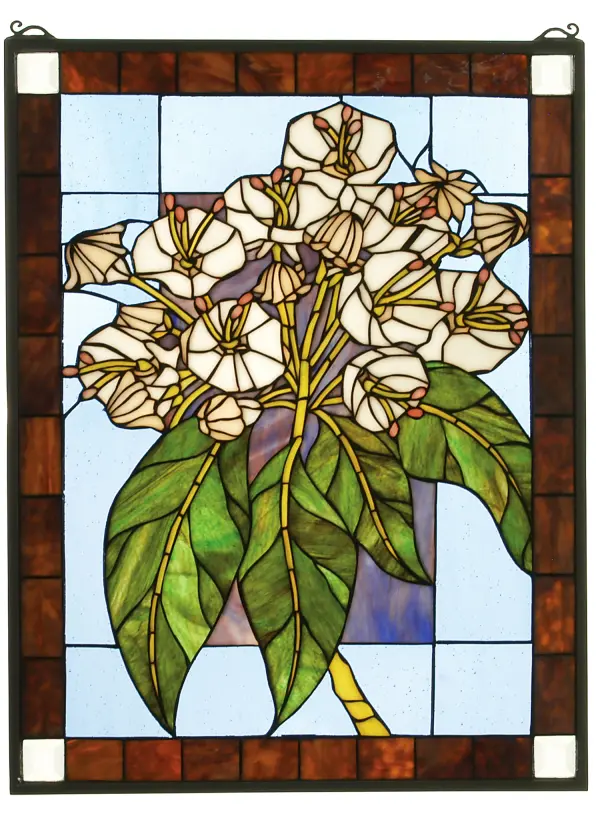 Bring home a cluster of Mountain Laurel flowers on a Clear Blue background with this elegant stained glass window.