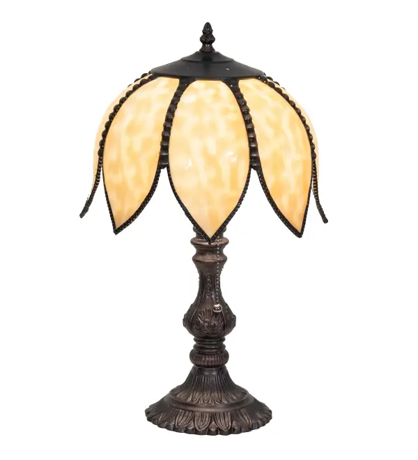 Eight Beige Bent Glass panels are designed as graceful Tulip petals featured on this stunning accent lamp. The shade features Brass filigree hand-finished in Craftsman Brown and a Mahogany Bronze finished base. This accent lamp can be placed in picture windows and on credenzas or desks in fine homes and hotels from Shelter Island; New York; to Columbus; Ohio; to Palm Springs; California. The Tulip Accent Lamp is included in our American-made; American-designed; handcrafted Quality Bent Glass Collection; which is manufactured in Yorkville; New York. UL and cUL listed for dry and damp locations. Each shade is a unique work of art with color variations based on natural ingredients inherent in the glass. The Quality Bent Glass division of Meyda Lighting is over 100 years in the making. Today; we are still creating timeless masterpieces using tools and methods from the days when we supplied Tiffany Studios. Bent glass colors and metal finishes are customizable; as each fixture is handcrafted to order.