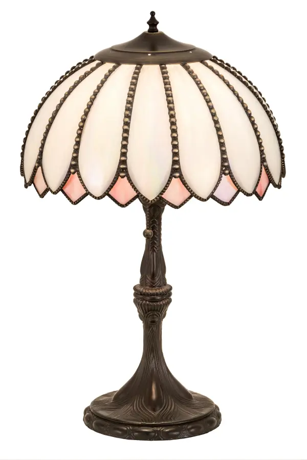 Nature and light intersect in this beautiful bouquet. This stunning table lamp features a lovely shade with 16 graceful floral petals in White Iridescent Glass with Pink accents. The fixture features Brass filigree hand-finished in Hi-Lited Craftsman Brown on the shade with a decorative metal base finished in Mahogany Bronze. This table lamp is ideal for placement in a picture window, on a credenza, or on a tabletop in fine homes and hotels. The Daisy Table Lamp is included in our American-made, American- designed, handcrafted Quality Bent Glass Collection, which is manufactured in Yorkville, New York. UL and cUL listed for dry locations. Each shade is a unique work of art, featuring color variations derived from the natural ingredients inherent in the glass. The Quality Bent Glass division of Meyda Lighting has been in the making for over 100 years. Today, we continue to create timeless masterpieces using tools and methods that date back to the days when we supplied Tiffany Studios. Bent glass colors and metal finishes are customizable, as each fixture is handcrafted to order. Collection: Daisy Finish: Hi-Lited Craftsman Brown Mahogany Bronze Glass: White & Pink Iridescent Art Glass Notes: Custom Crafted In Yorkville, New York Please Allow 30 Days Width: 16.00" Height: 24.50" Length: 16.00" Weight: 8.00 lb Number of Bulbs: 1 Maximum Wattage: 60.00 W Bulb Type: A19 Bulb Base: E26 Material: Zinc Country of Origin: USA Safety Listing: Dry Safety Rating: Dry
