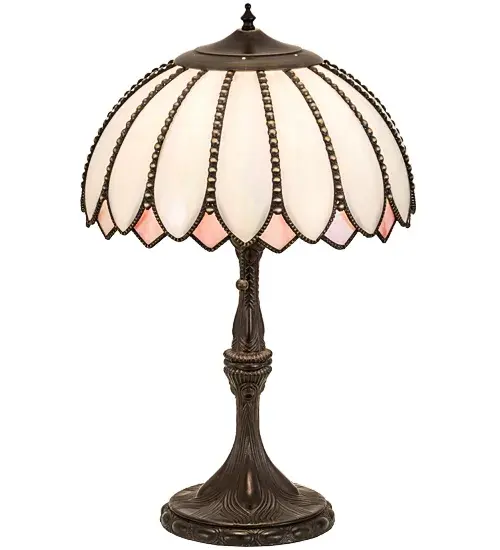 Nature and light intersect in this beautiful bouquet. This stunning table lamp features a lovely shade with 16 graceful floral petals in White Iridescent Glass with Pink accents. The fixture features Brass filigree hand-finished in Hi-Lited Craftsman Brown on the shade with a decorative metal base finished in Mahogany Bronze. This table lamp is ideal for placement in a picture window, on a credenza, or on a tabletop in fine homes and hotels. The Daisy Table Lamp is included in our American-made, American- designed, handcrafted Quality Bent Glass Collection, which is manufactured in Yorkville, New York. UL and cUL listed for dry locations. Each shade is a unique work of art, featuring color variations derived from the natural ingredients inherent in the glass. The Quality Bent Glass division of Meyda Lighting has been in the making for over 100 years. Today, we continue to create timeless masterpieces using tools and methods that date back to the days when we supplied Tiffany Studios. Bent glass colors and metal finishes are customizable, as each fixture is handcrafted to order. Collection: Daisy Finish: Hi-Lited Craftsman Brown Mahogany Bronze Glass: White & Pink Iridescent Art Glass Notes: Custom Crafted In Yorkville, New York Please Allow 30 Days Width: 16.00" Height: 24.50" Length: 16.00" Weight: 8.00 lb Number of Bulbs: 1 Maximum Wattage: 60.00 W Bulb Type: A19 Bulb Base: E26 Material: Zinc Country of Origin: USA Safety Listing: Dry Safety Rating: Dry - alternate view