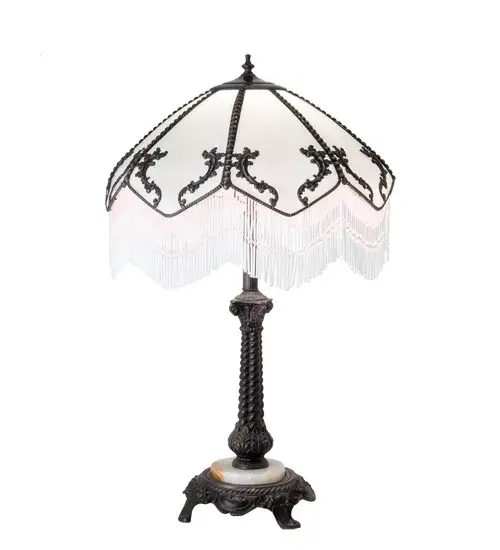 Embrace the classic look of this timeless lighting design. This lamp features a White hand-curved art glass shade enhanced with Brass filigree accents finished in Craftsman Brown; highlighted to reveal an eye-catching dimensional look. The base is hand finished in Mahogany Bronze. The Quality Bent Glass division of Meyda is over 100 years in the making. Today we are still creating timeless masterpieces using tools and methods from the days when we supplied Tiffany Studios. Glass colors & metal finishes are customizable as each Tiffany Bent Panel lamp is handcrafted to order. Handmade in our 180;000 sq ft manufacturing facility in Yorkville; NY. UL and cUL listed for dry locations. - alternate view