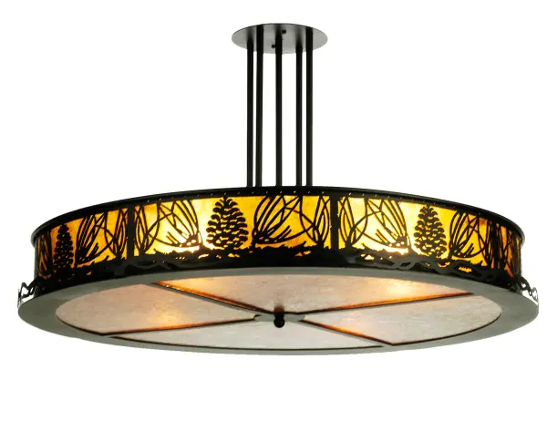 This handsome Pinecone and needle patterned semi flush with pine branch accents is suspended from rods and illuminated through Amber mica panels. The fixture has a Black finish and is handcrafted in the USA by Meyda artisans. Collection: Mountain Pine Finish: Textured Black Glass: Amber Mica Width: 36.00" Height: 21.00" Length: 36.00" Weight: 27.00 lb Number of Bulbs: 4 Maximum Wattage: 60.00 W Bulb Type: T4 Bulb Base: E26 Light Source: Halogen Material: Steel Country of Origin: USA Safety Listing: Dry Safety Rating: Dry