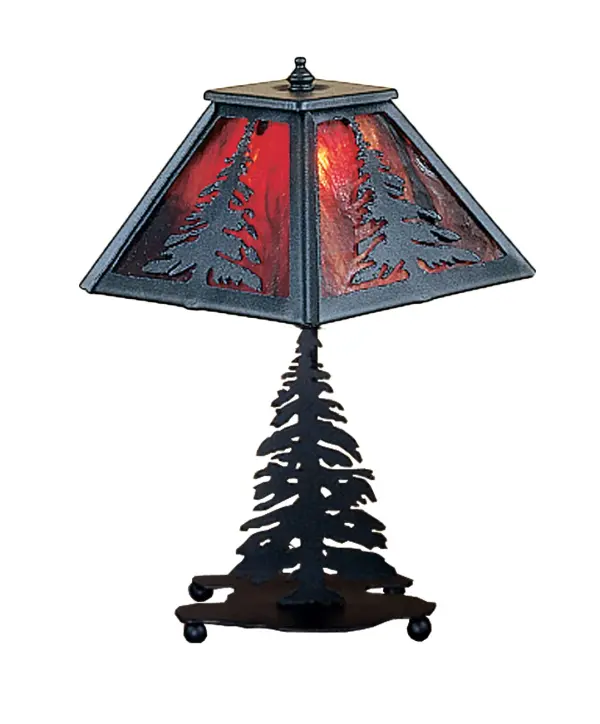 A Pine tree accents a linear square shade that sits above a tall pine lamp base. The nature inspired accent lamp has a Black finish, Burgundy art glass panels and is handcrafted in the USA by Meyda artisans. Collection: Tall Pines Finish: Textured Black Textured Black Glass: Burgundy Glass Width: 7.00" Height: 14.00" Length: 7.00" Weight: 18.00 lb Number of Bulbs: 4 Maximum Wattage: 60.00 W Bulb Type: A19 Bulb Base: Medium Material: Steel Country of Origin: USA Safety Listing: Dry Safety Rating: Dry