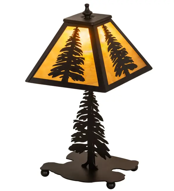 A Pine tree accents a linear square shade that sits above a tall pine lamp base. The nature inspired accent lamp has a Black finish; Honey art glass panels and is handcrafted in the USA by Meyda artisans.