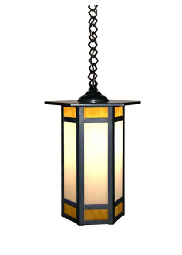 This handsome mission lantern is finished in Craftsman Bronze and has Beige and White art glass panels. The versitile fixture is handcrafted in the U S A by Meyda Craftsmen. Collection: Albany Finish: Craftsman Brown Glass: Honey & Beige Iridescent Glass Width: 11.00" Height: 21.50" Length: 11.00" Weight: 15.00 lb Number of Bulbs: 1 Maximum Wattage: 60.00 W Bulb Type: A19 Bulb Base: E26 Material: Metal Or Polyresin Country of Origin: USA Safety Listing: Wet Safety Rating: Wet