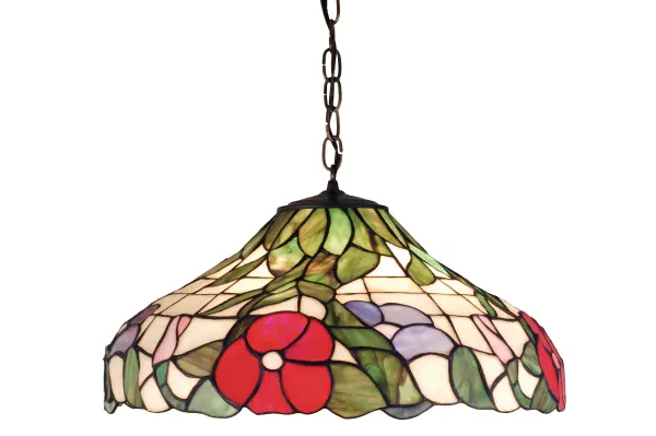 Red and Rust peony flowers with Jade green leaves adorn this Honey Beige stained glass shade. Every piece of glass in this Tiffany style shade is hand cut and wrapped in copper foil. The shade is suspended from a chain and canopy that is hand finished in Mahogany Bronze.